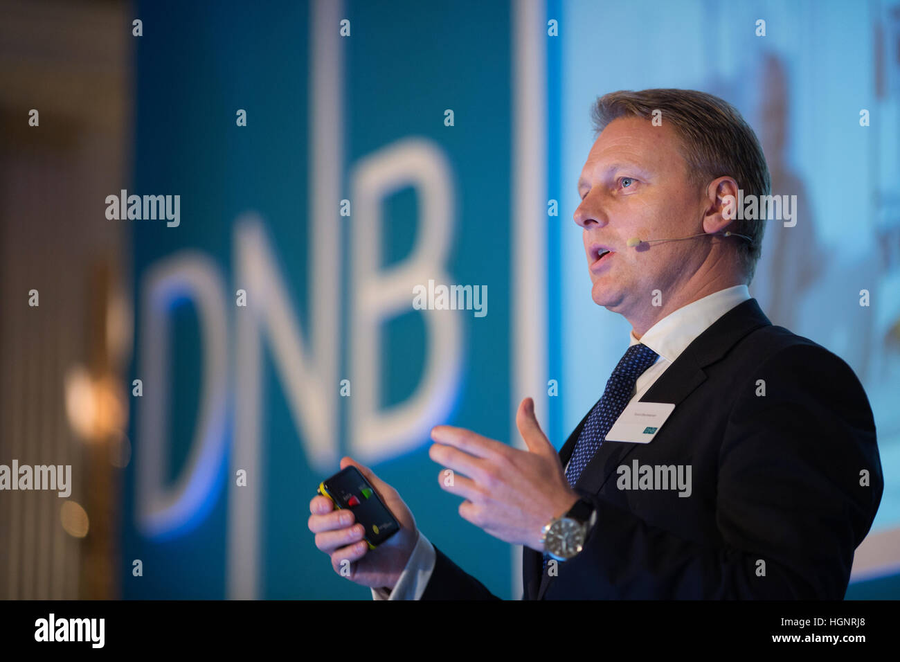 Trond Bentestuen, Group executive vice president Personal Banking, DNB Bank Group, speaking at the annual Capital Markets Day conference, London, UK Stock Photo