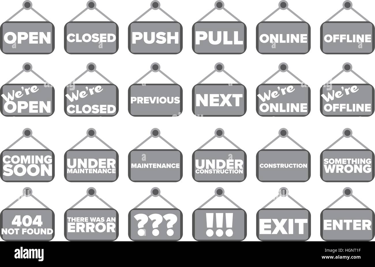 Set of 24 vector tags / icons. Contains words open,closed, push, pull, online, offline,previous, next, coming soon etc. grouped Stock Vector
