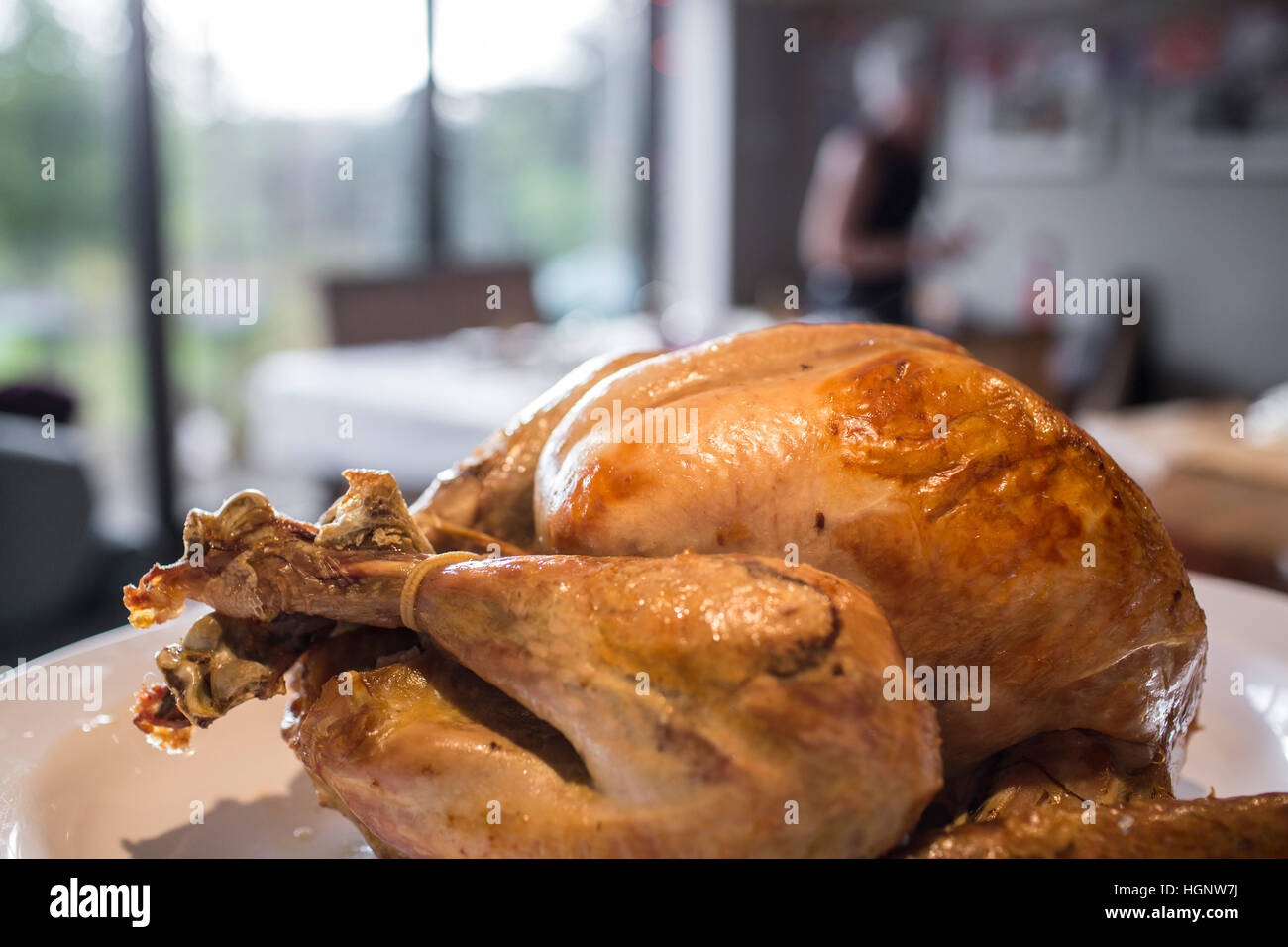 TURKEY THERMOMETER ROAST COOKED TEMPERATURE Cooking meat thermometer  inserted showing ideal temperature (190F) for cooked roast Turkey at  Christmas Stock Photo - Alamy