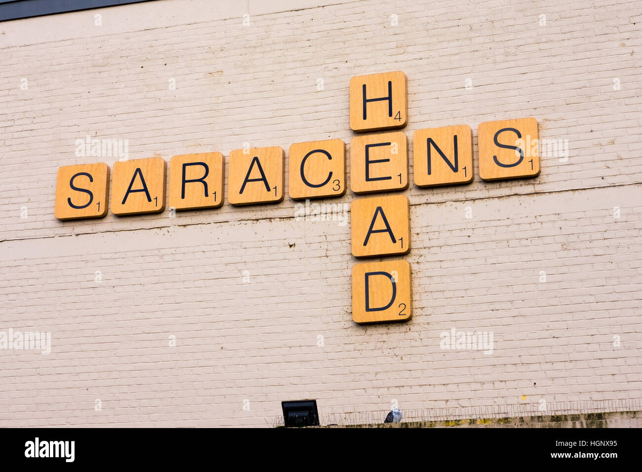 'Supersize Scrabble' - Local business uses giant scrabble tiles for their pub sign Stock Photo