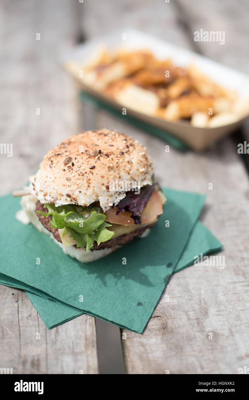 Hamburger at a take away stall. Stock Photo