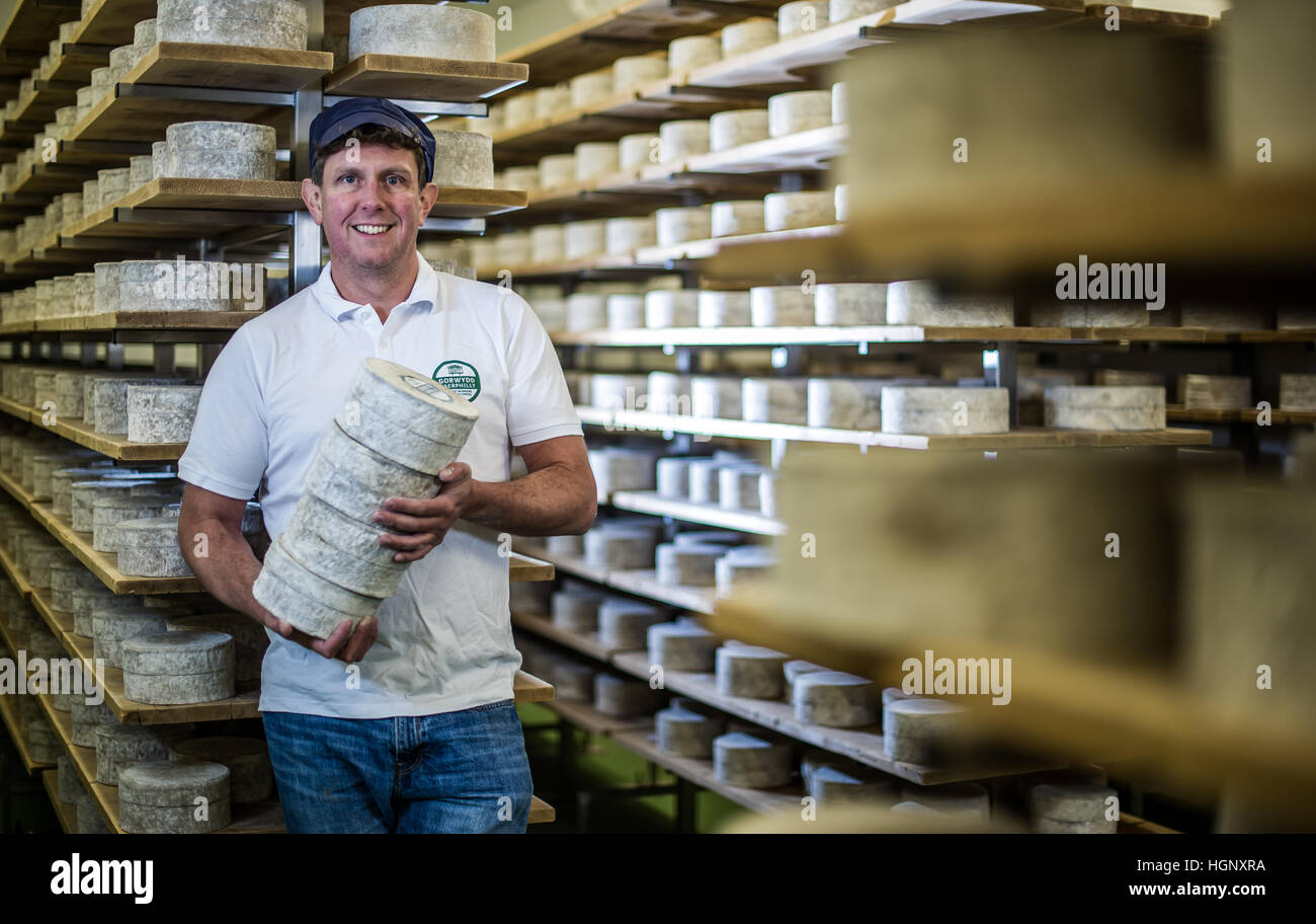 A cheesemaker surrounded by cheeses Stock Photo