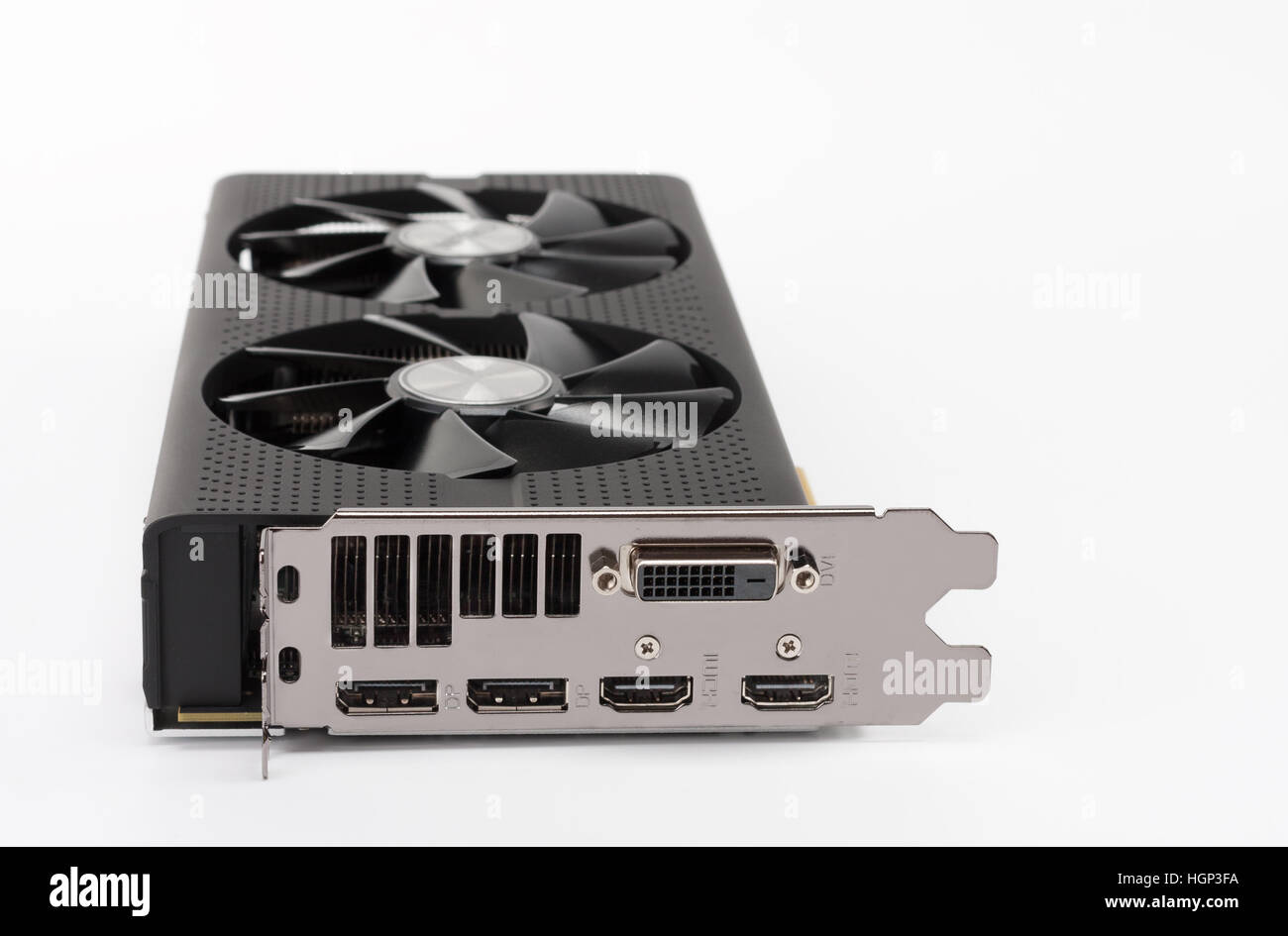 New modern gaming graphics card on white background, main component for VR gaming Stock Photo