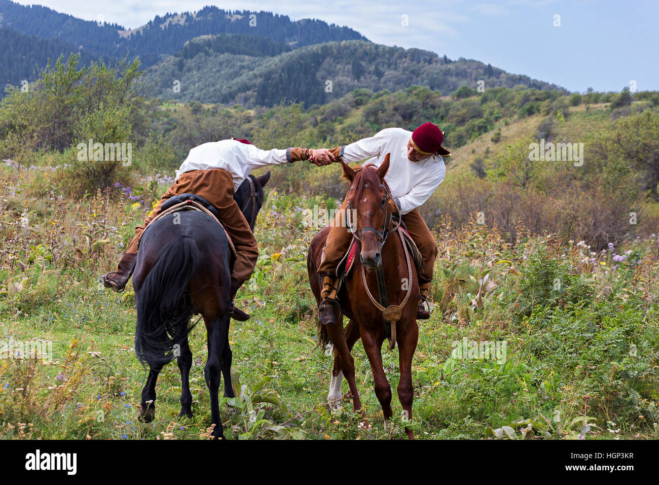 Kazakh men in national costumes performing traditional arm wrestling on horse known as Atpen Audaraspak, in Almaty, Kazakhstan Stock Photo
