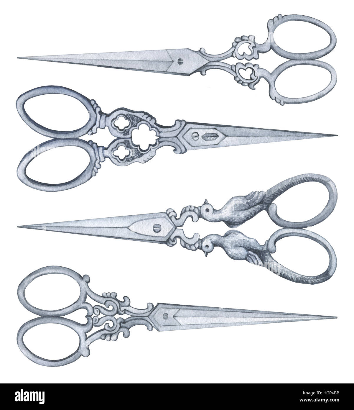 Antique scissors - vintage accessory. Hand drawn watercolor painting on