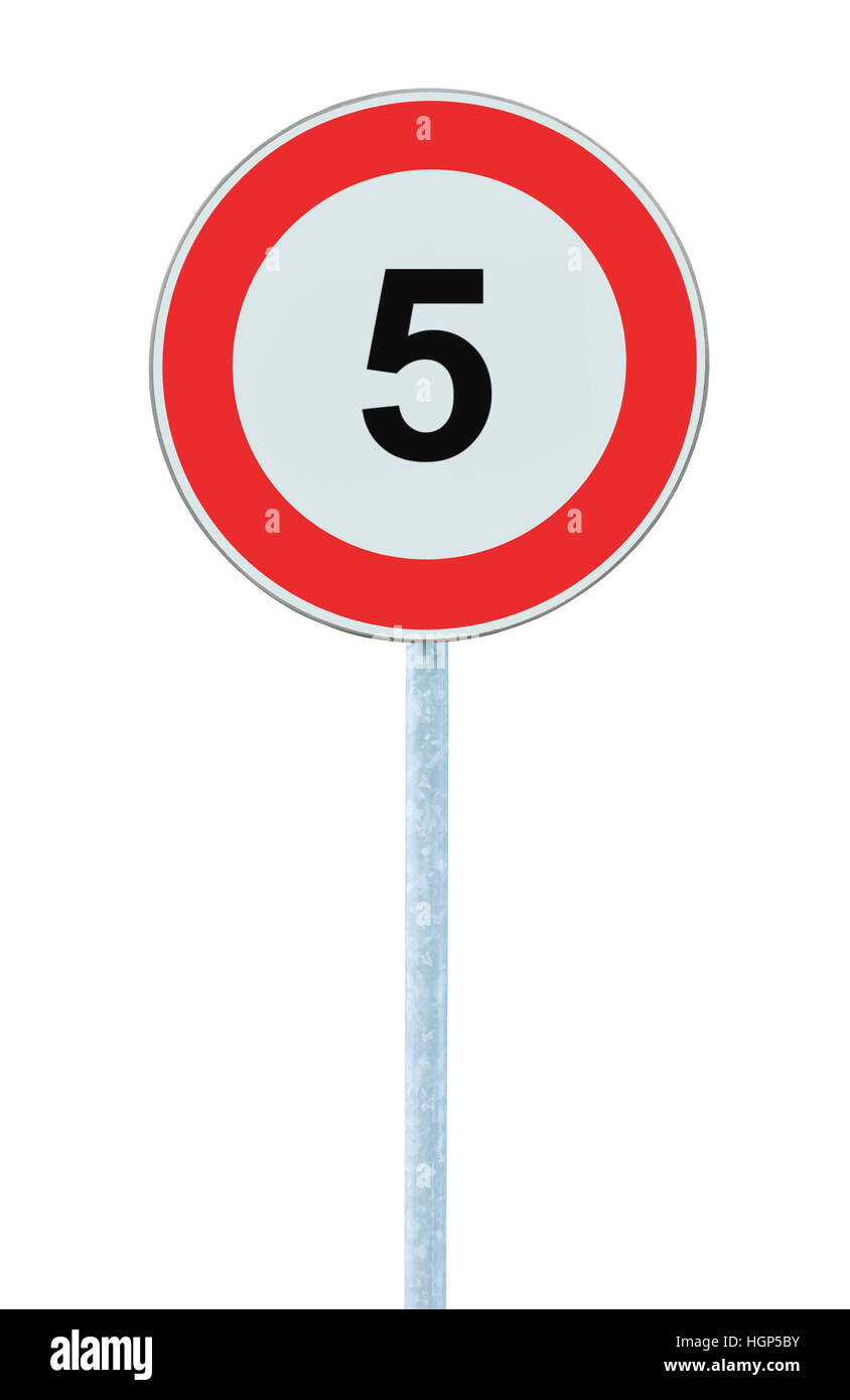 Speed Limit Zone Warning Road Sign, Isolated Prohibitive 5 Km Kilometre Kilometer Maximum Traffic Limitation Order, Red Circle, Large Detailed Closeup Stock Photo