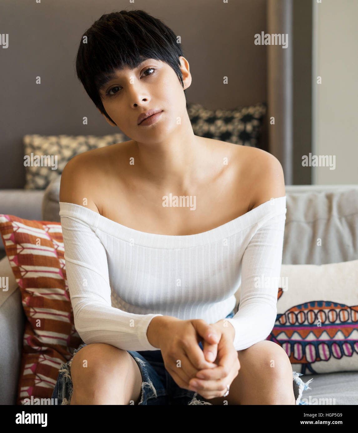 Beautiful woman with short hair style Stock Photo - Alamy