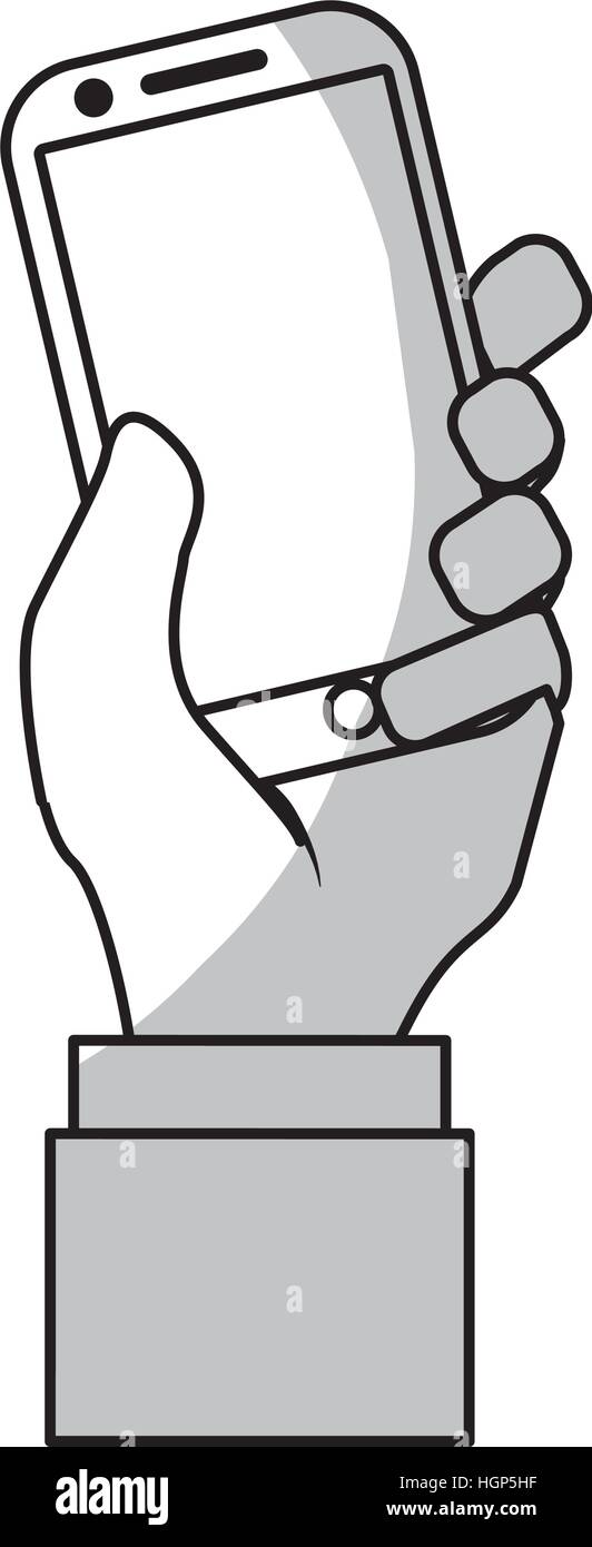 hand holdign a smartphone device icon over white background. vector ...