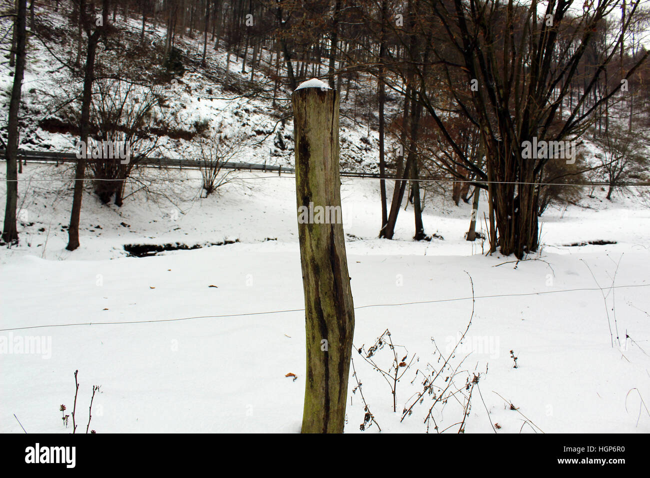 Post of a pasture fence in winter Stock Photo