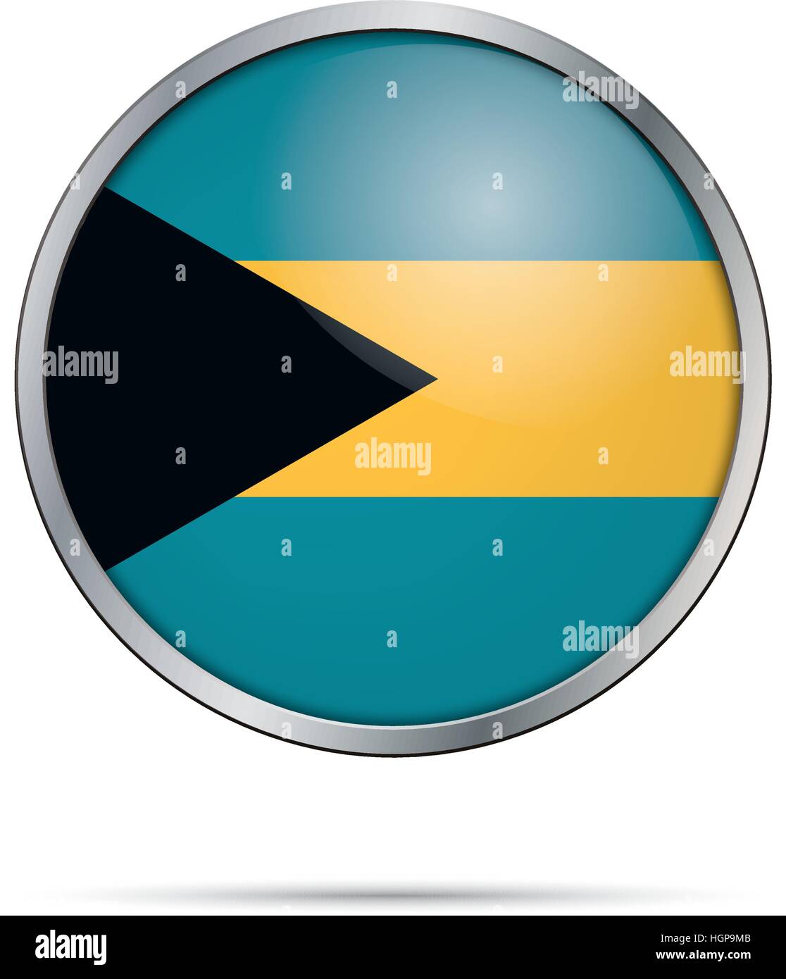 Bahamas flag glass button style with metal frame. Vector Bahamian flag button. Stock Vector