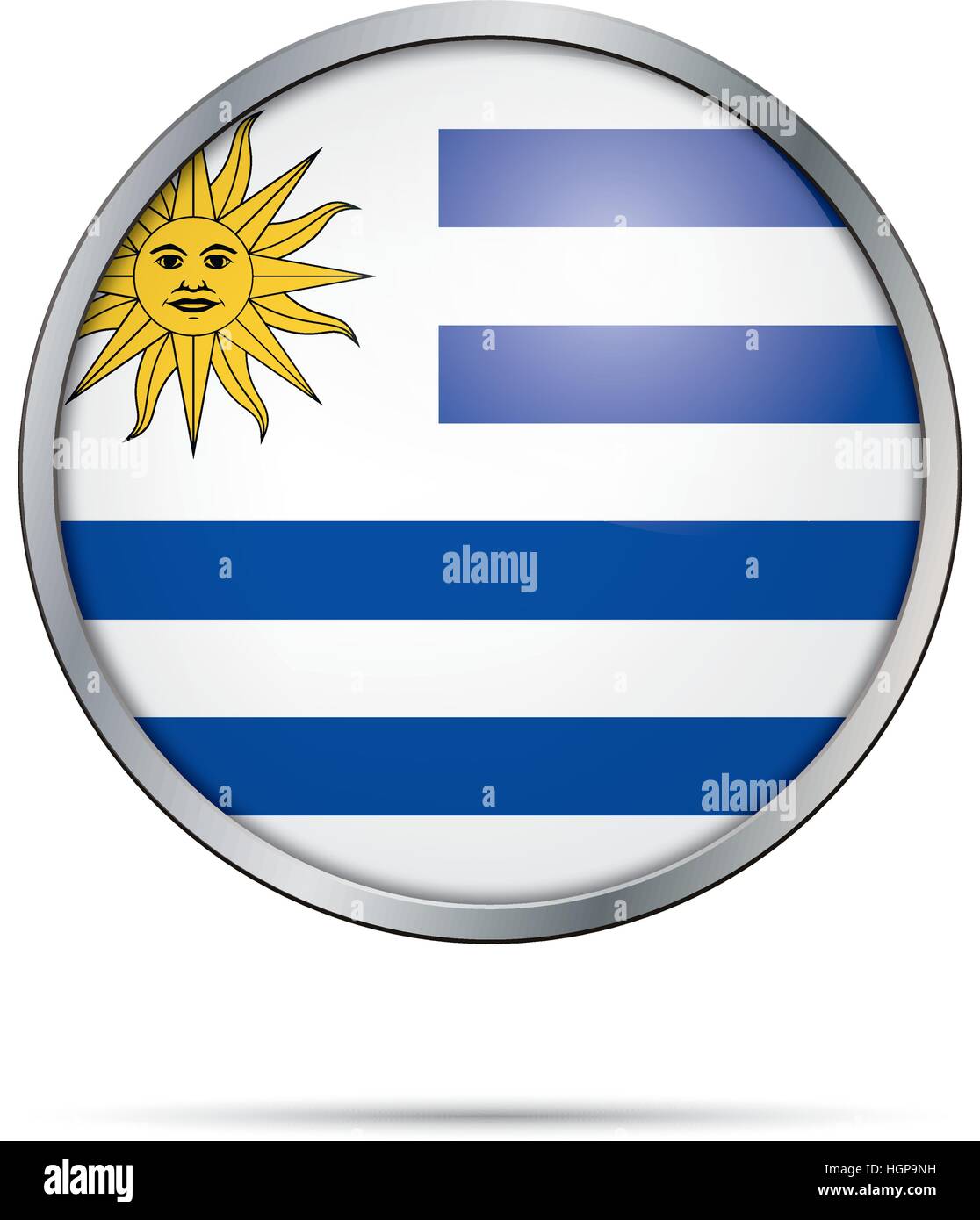 Uruguay flag glass button style with metal frame. Vector Uruguayan flag button. Stock Vector