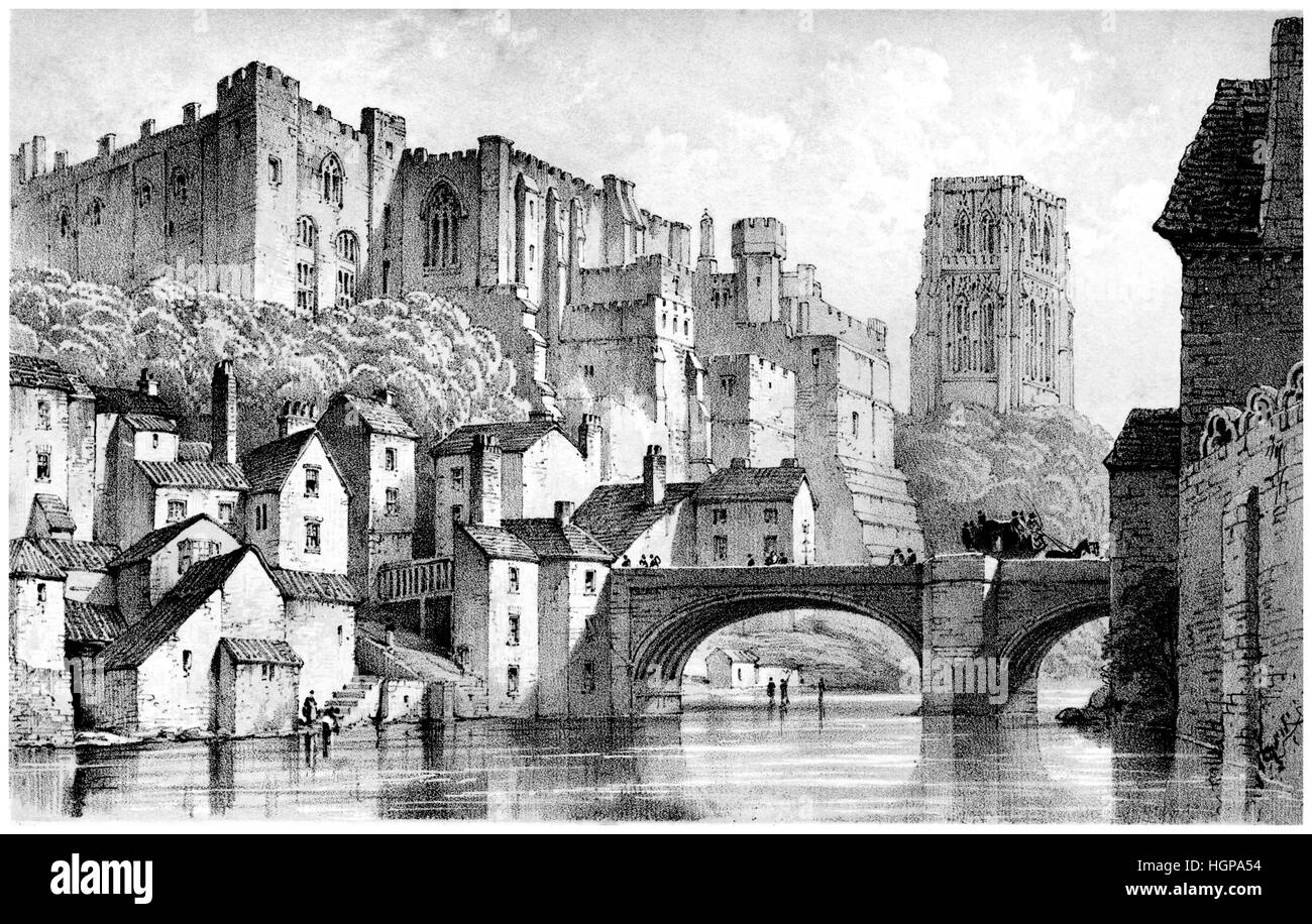 A lithograph of Durham scanned at high resolution from a book published in 1846. CYP63N is a coloured version of this image. Stock Photo