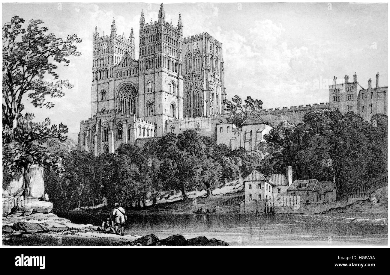 A lithograph of Durham scanned at high resolution from a book published in 1846. CYP6B0  is a coloured version of this image. Believed copyright free. Stock Photo