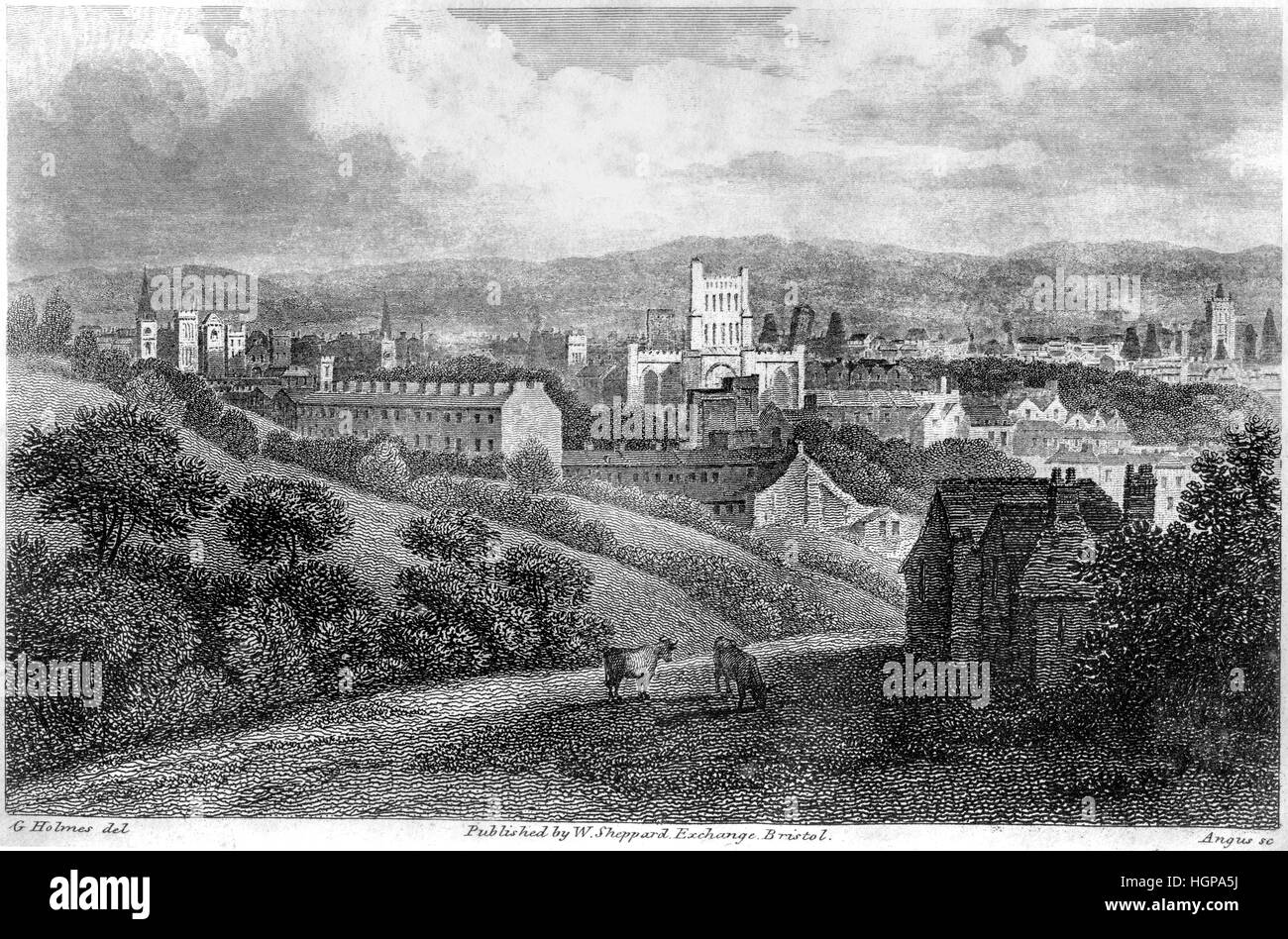 An engraving of Bristol from Clifton Wood scanned at high resolution from a book printed in 1816.  .Believed copyright free. Stock Photo