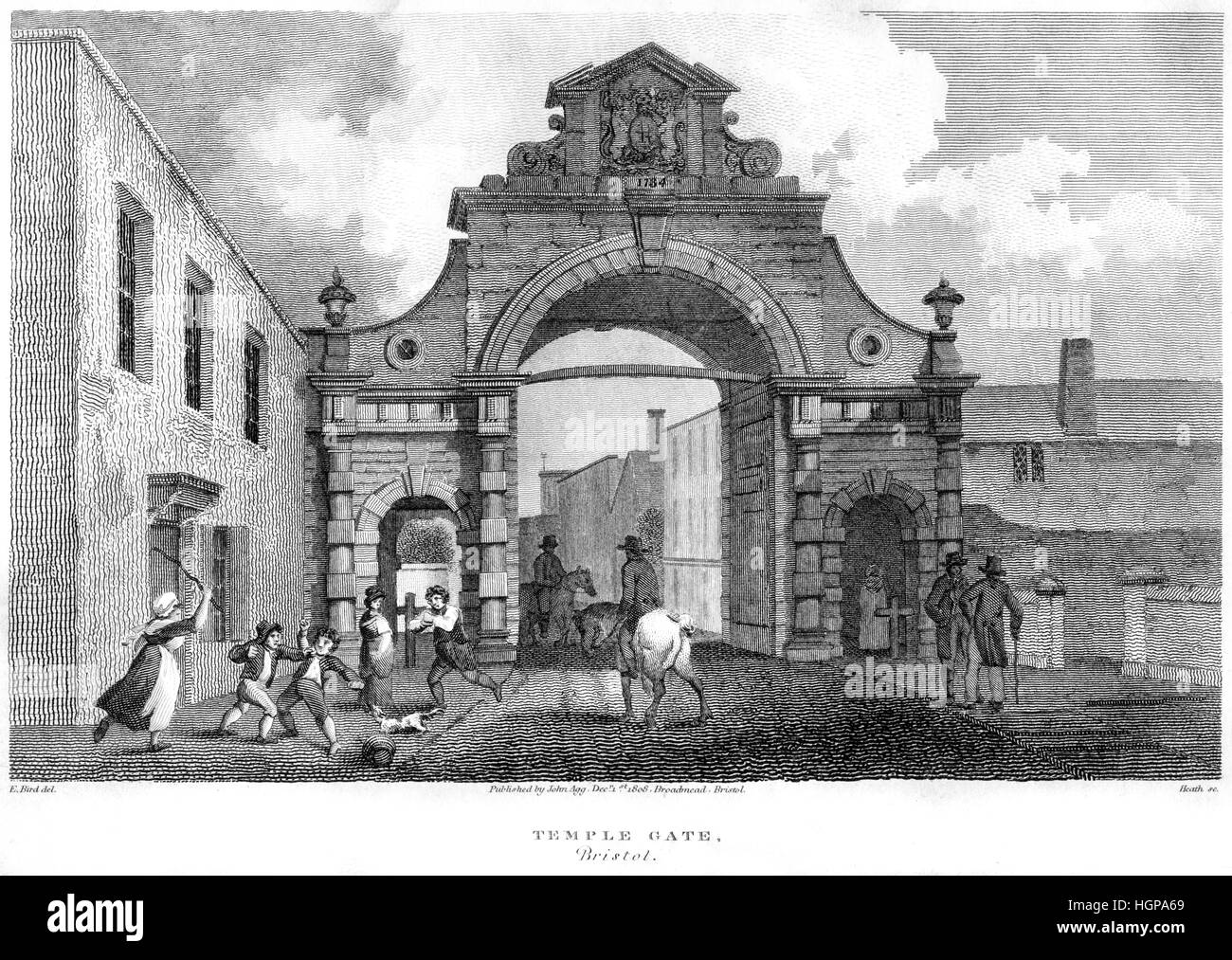 An engraving of Temple Gate, Bristol in 1808 scanned at high resolution from a book printed in 1816. Believed copyright free. Stock Photo