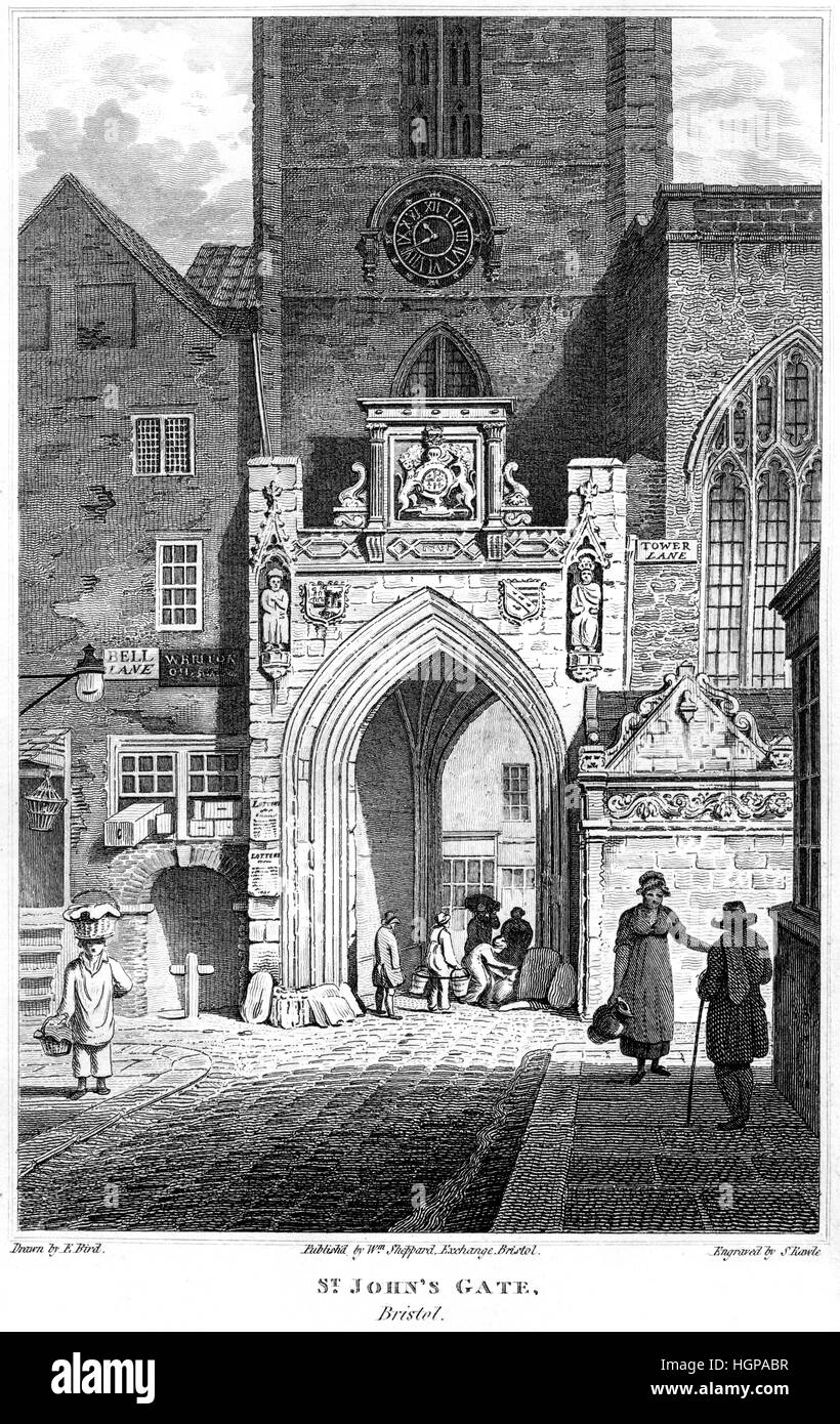 An engraving of St John's Gate, Bristol scanned at high resolution from a book printed in 1816. Believed copyright free. Stock Photo