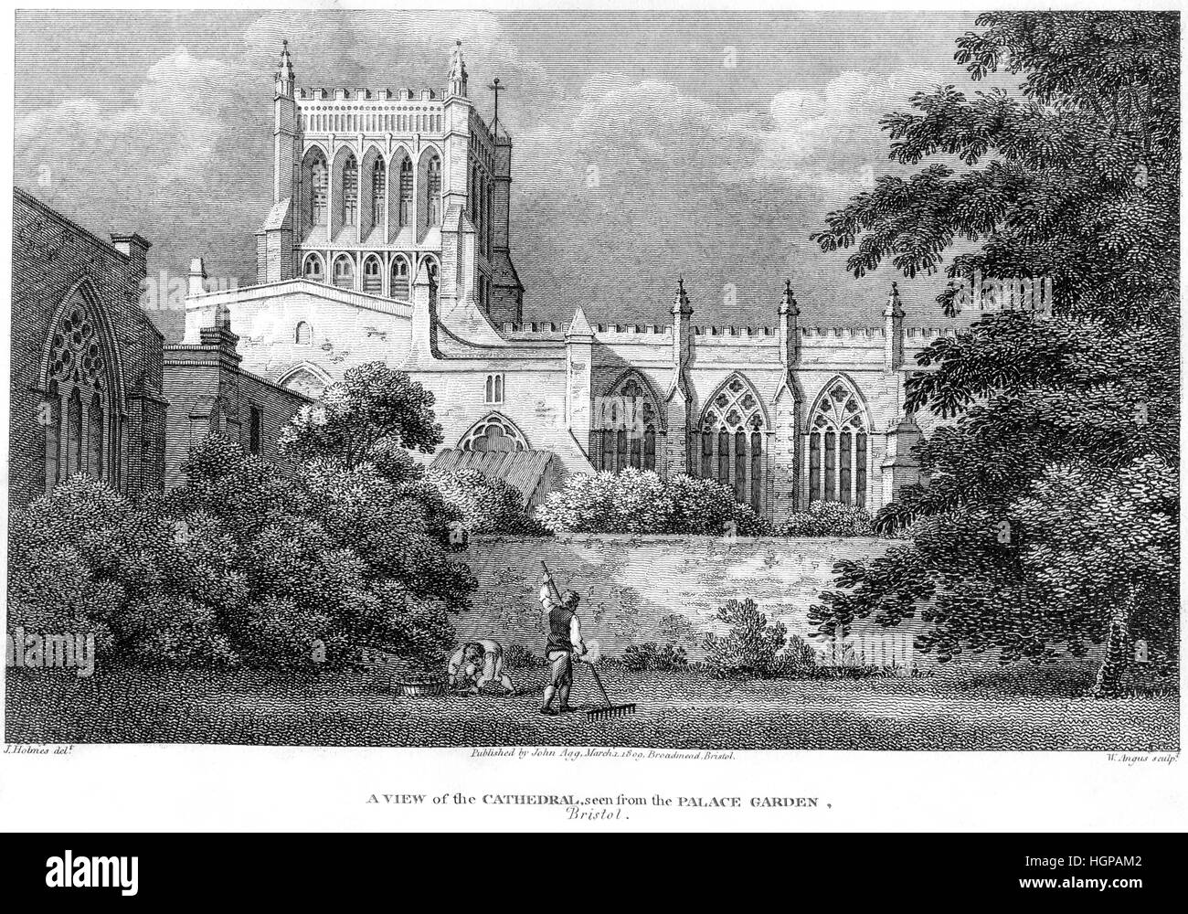 An engraving of A View of the Cathedral seen from the Palace Garden, Bristol in 1809 scanned at high resolution from a book printed in 1816. Stock Photo