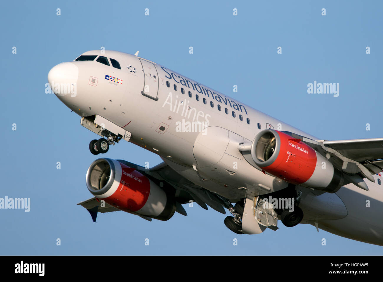 Scandinavian Airlines Airbus A319-132 departing from Dusseldorf airport. Stock Photo