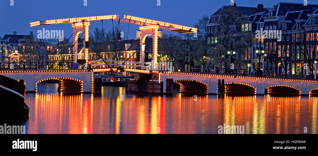 Magere Brug (Skinny Bridge), and River Amstel, Amsterdam, Holland Stock Photo