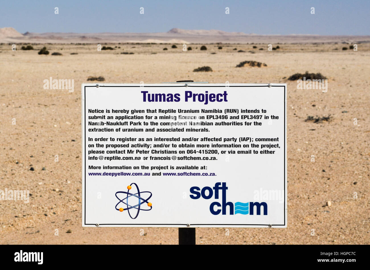 Mining and Exploration sign (uranium) in the Namib Naukluft national park, Namibia Stock Photo