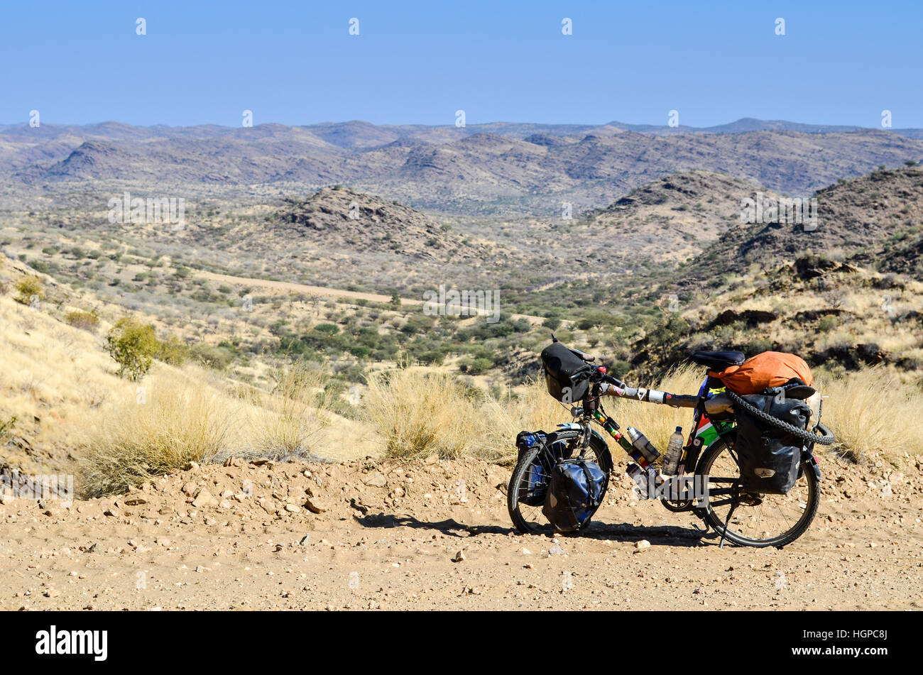 Cycle touring bicycle and panorama of the Khomas Highlands in Namibia Stock Photo