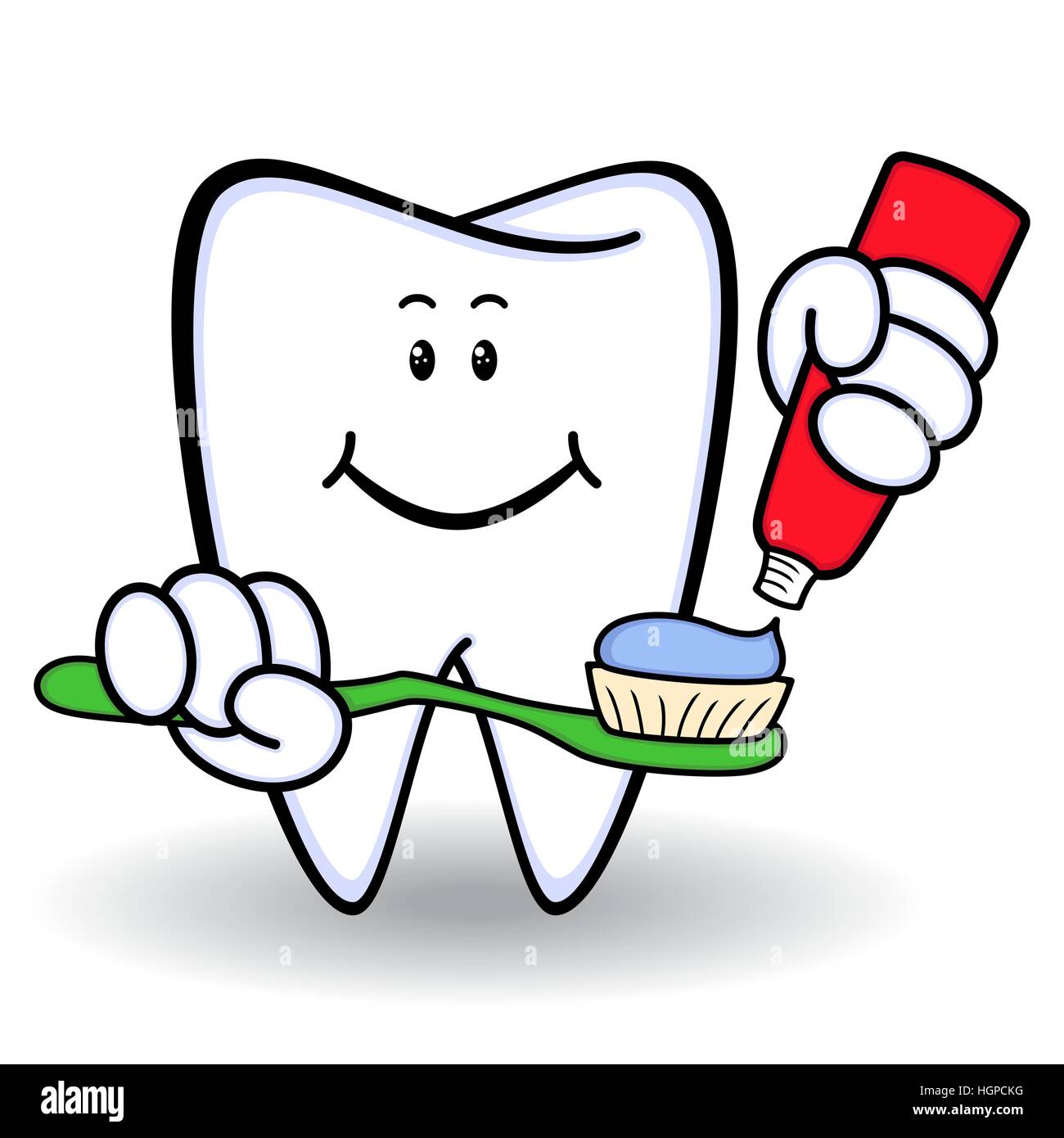 Amusing healthy cartoon tooth with smiling face and with toothbrush and toothpaste in hands, color vector illustration Stock Vector