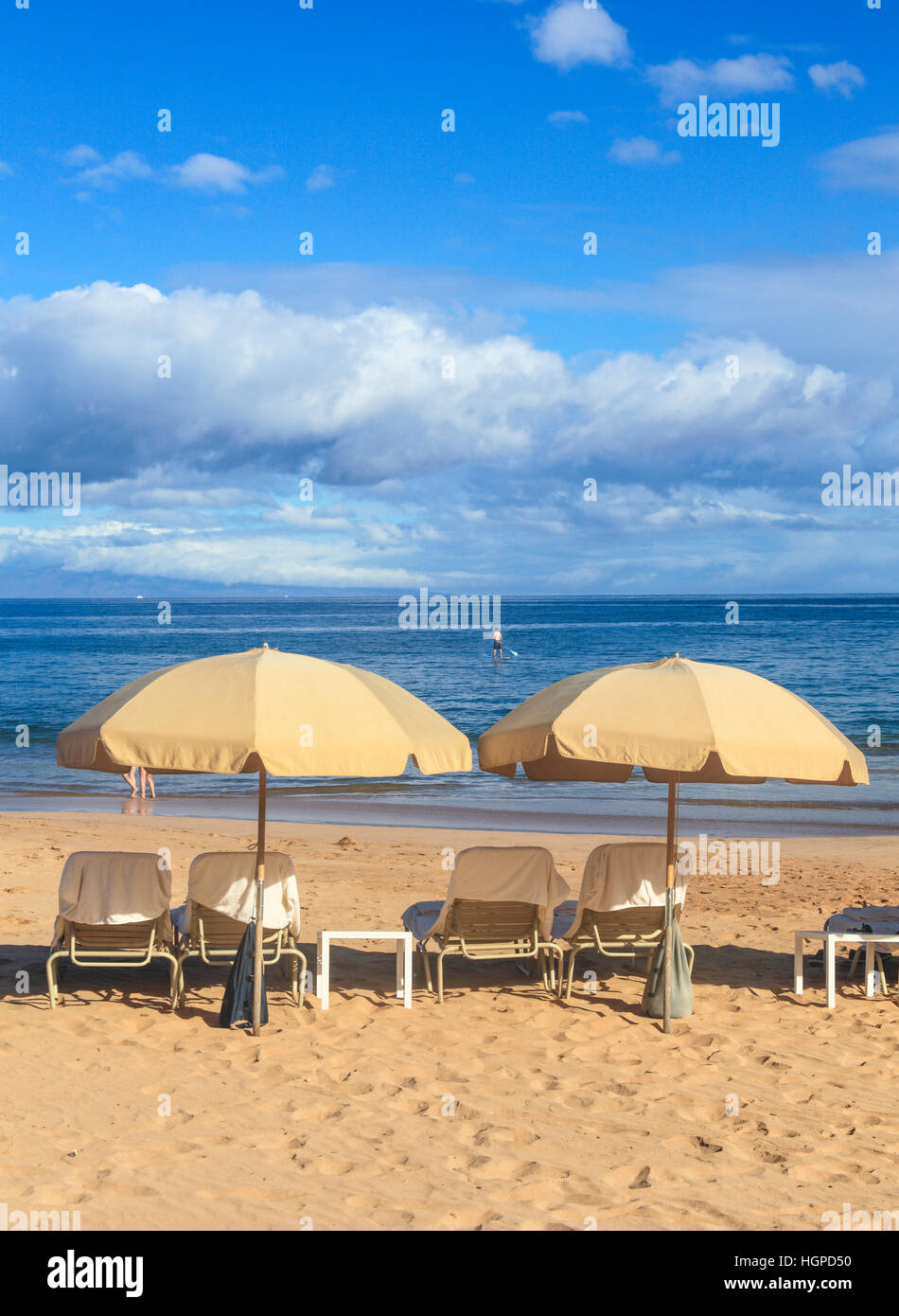 Beach chairs and umbrellas at Wailea Beach on Maui Stock Photo