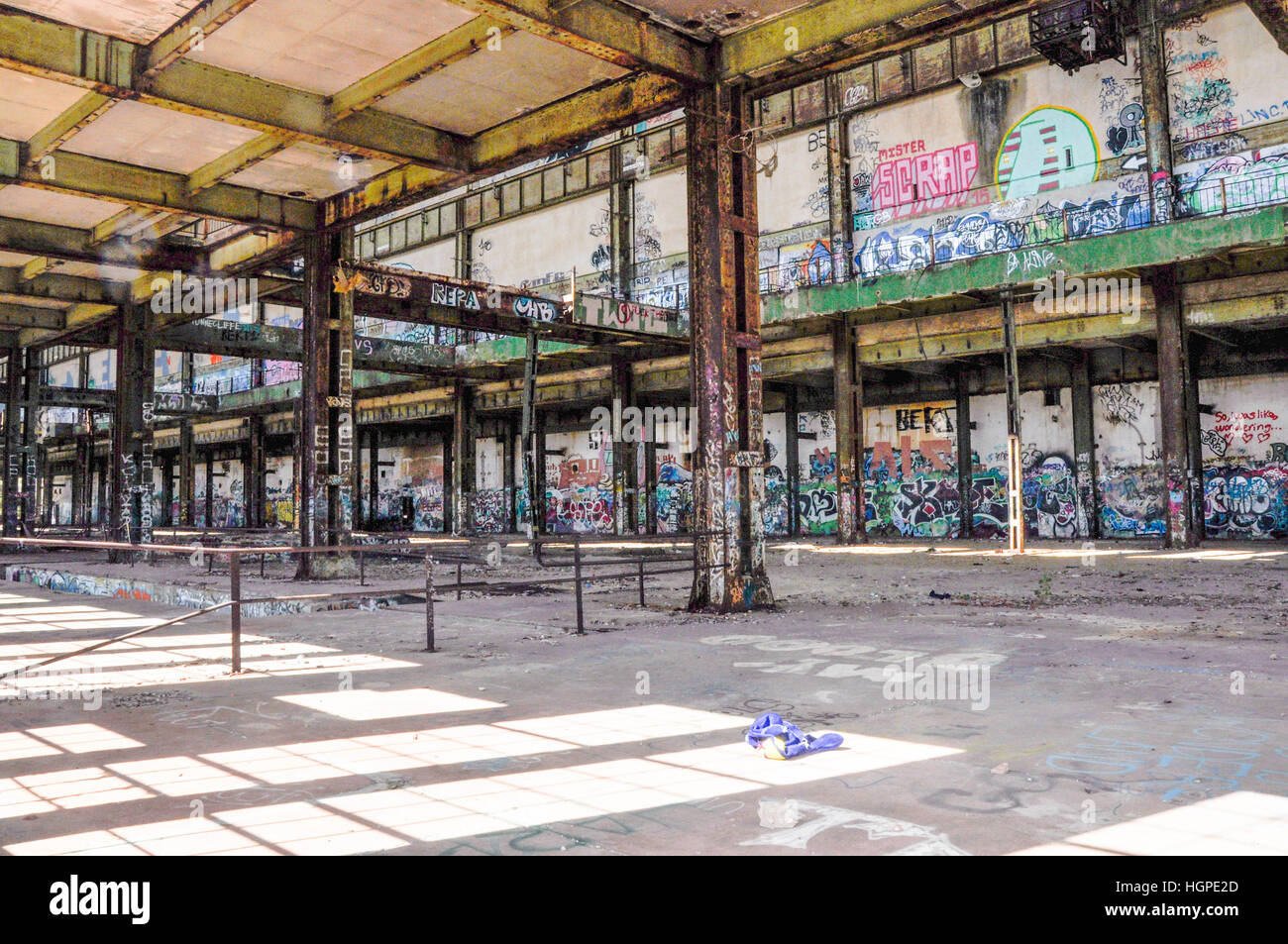 Old abandoned South Fremantle Power Station with youth tagging, metal girders and empty shell in