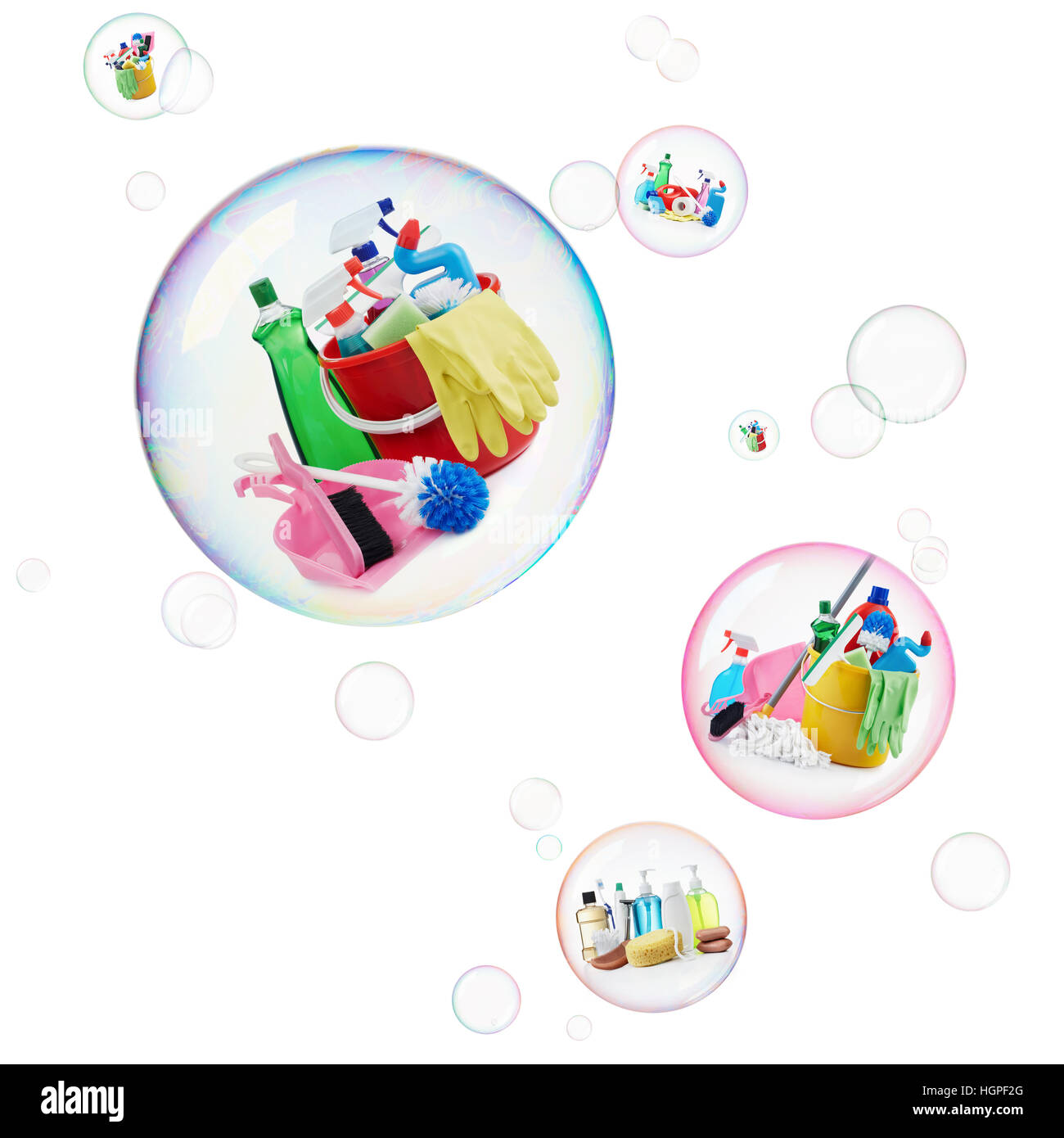 variety of cleaning products and toiletries inside bubbles Stock Photo
