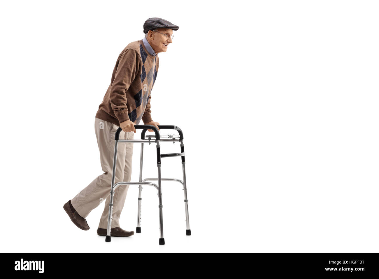 Full length portrait of a senior using a walker isolated on white