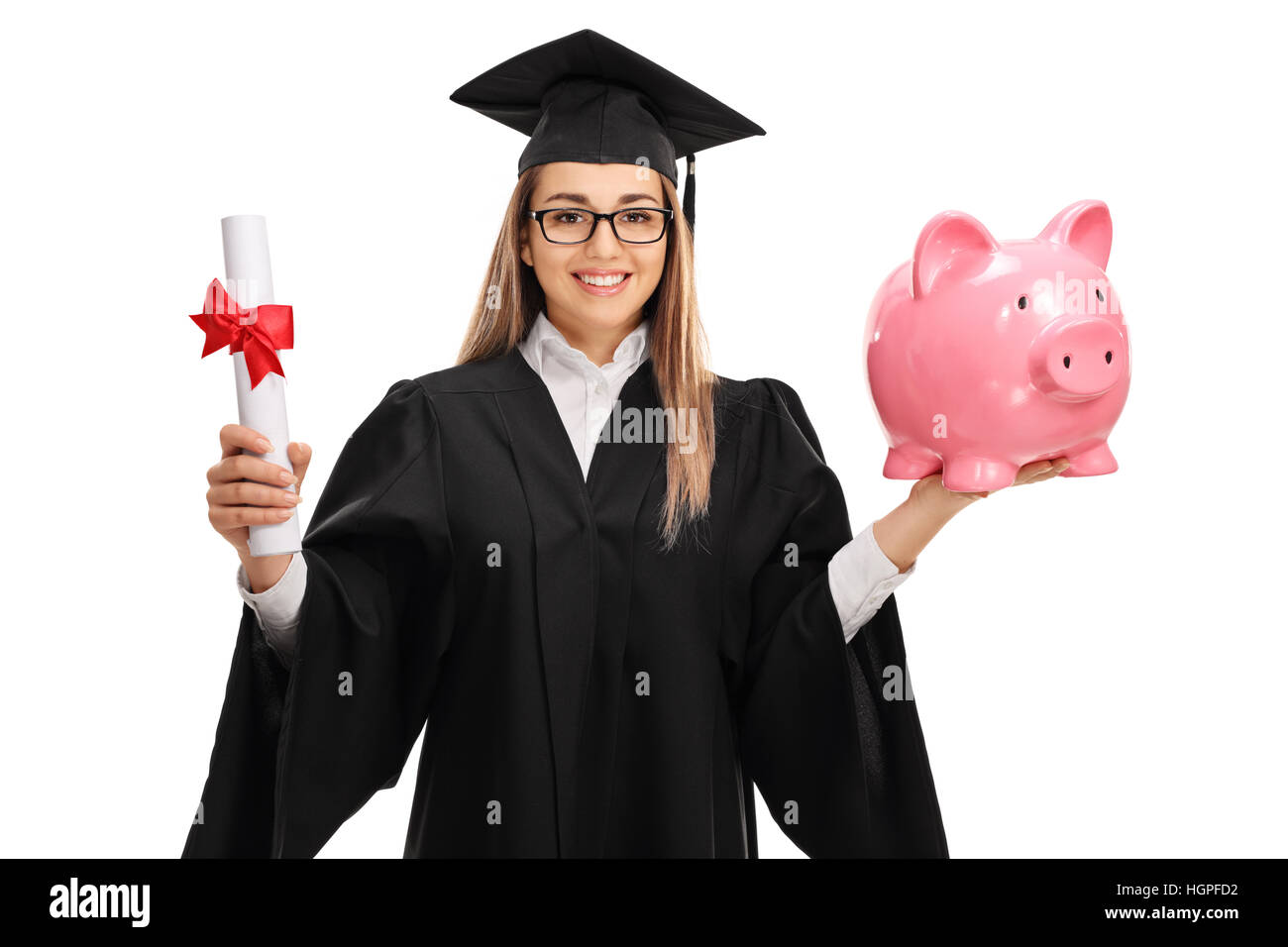 Happy female graduate student holding a diploma and a piggybank ...