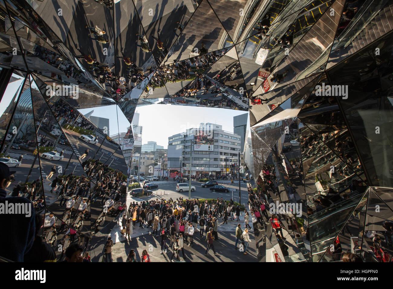 The kaleidoscope mirrored interior of the Tokyo Plaza shopping mall, in Harajuku, in Tokyo, Japan. Stock Photo