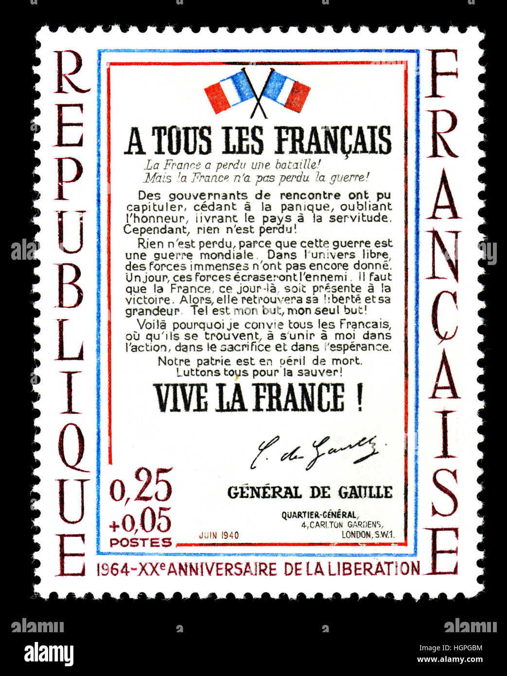 French postage stamp (1964) : Resume of a radio broadcast by General de Gaulle from London, 18th June 1940, summarised and distributed on posters... Stock Photo