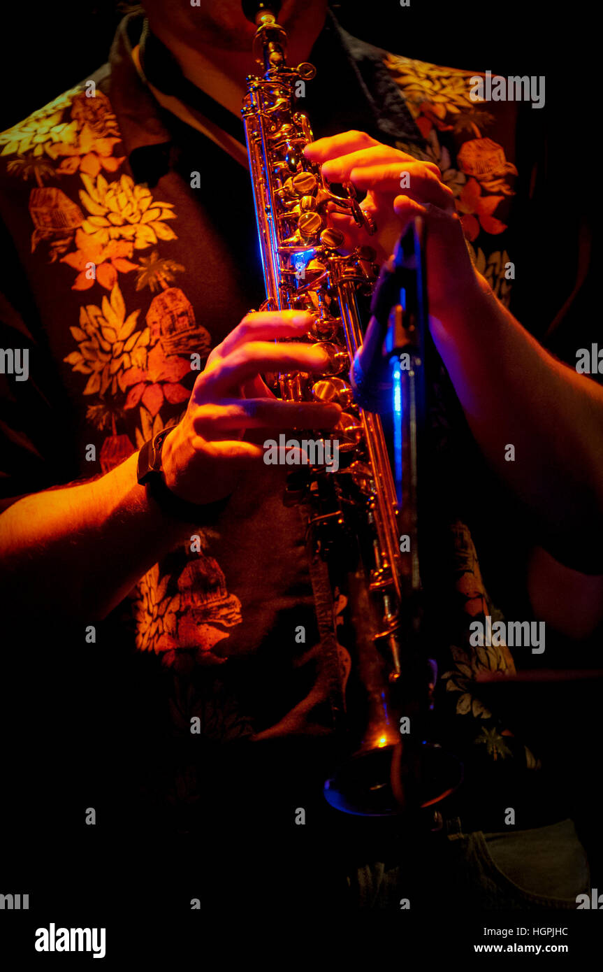 saxophone player in live perfomance, on stage Stock Photo Alamy