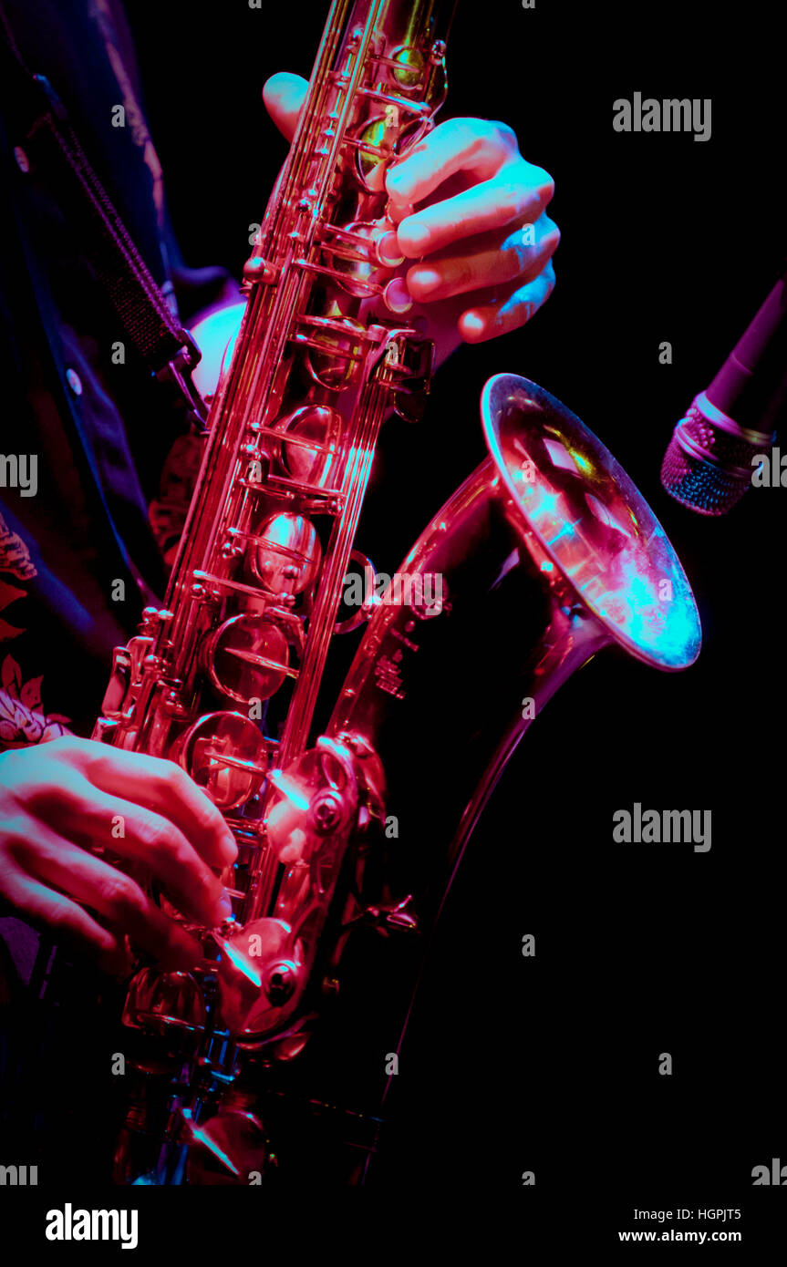saxophone player in live perfomance, on stage Stock Photo Alamy