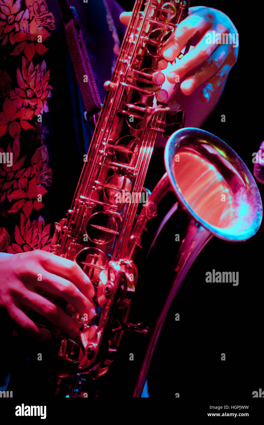 saxophone player in live perfomance, on stage Stock Photo Alamy