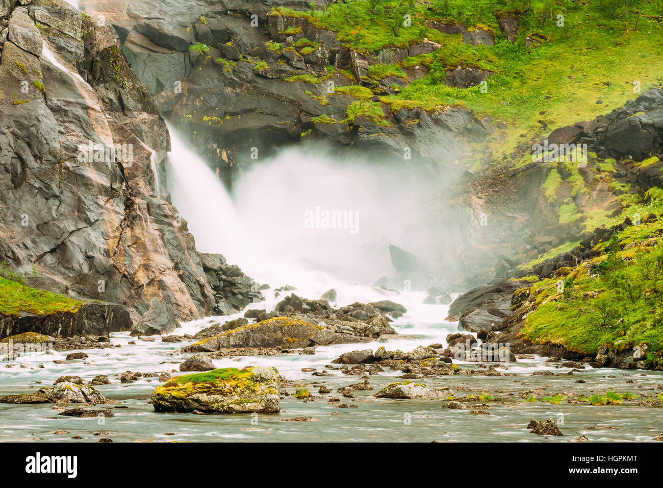 Beautiful waterfall in the Valley of waterfalls in Norway. Husedalen