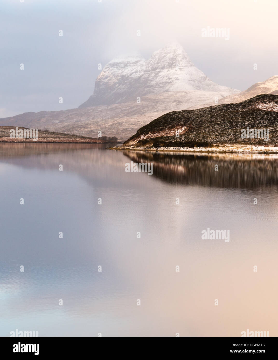 Suilven reflected in the waters of cam loch, near Elphin, sutherland, scotland, uk Stock Photo