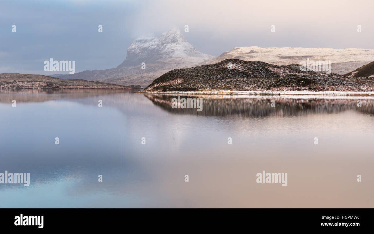 Suilven reflected in the waters of cam loch, near Elphin, sutherland, scotland, uk Stock Photo