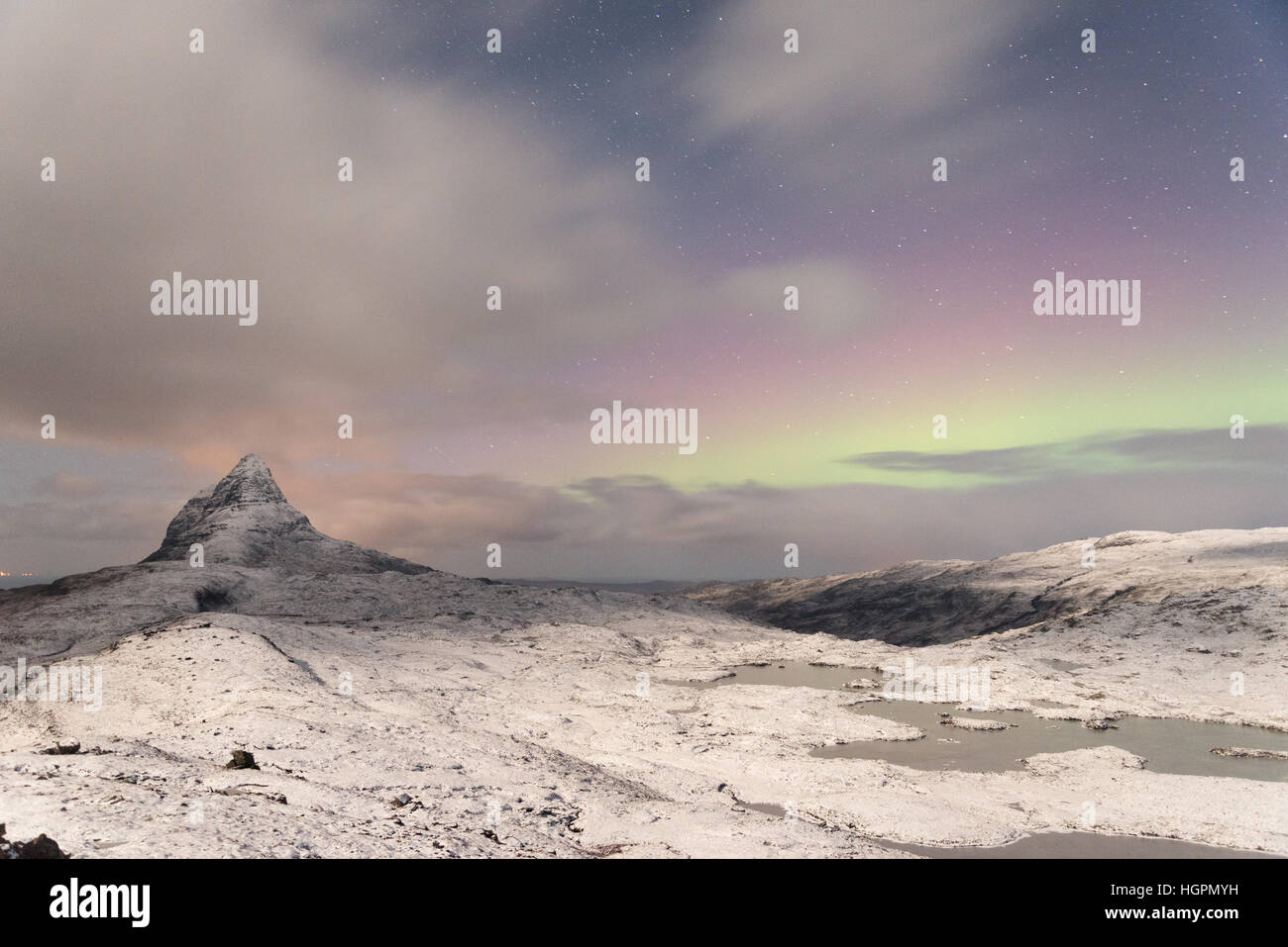 Northern lights over suilven mountain in assynt, Scotland, UK Stock Photo