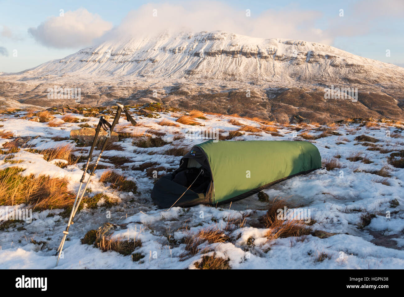 winter wild camping with a bivvy in scotland, canisp mountain behind, assynt, scotland, uk Stock Photo