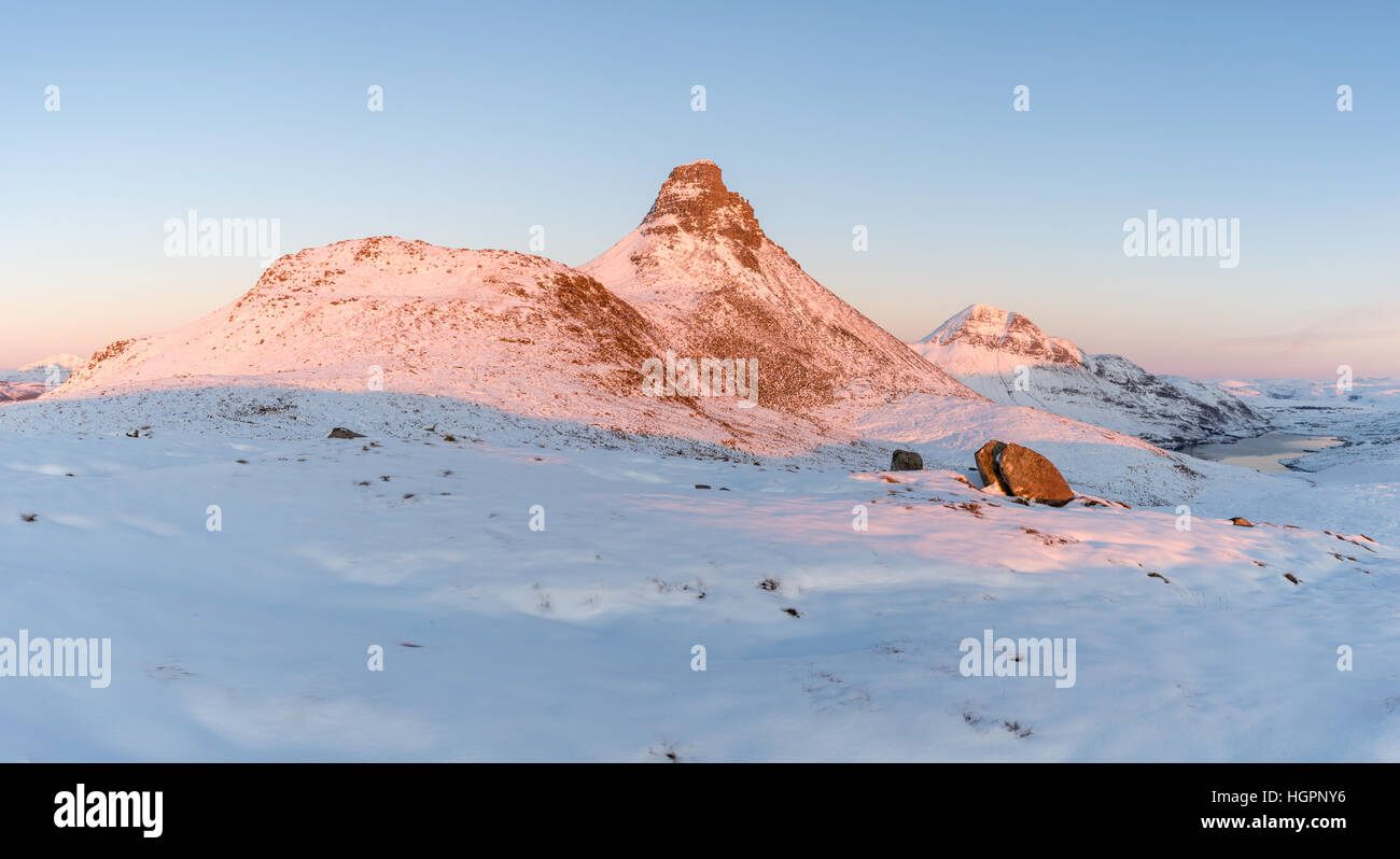 Panorama of stac pollaidh mountain in winter looking north to cul beag inverpolly, wester ross, scotland, uk. Stock Photo