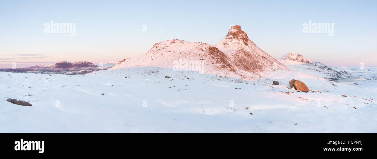 Panorama of stac pollaidh mountain in winter looking north to suilven, inverpolly, wester ross, scotland, uk. Stock Photo