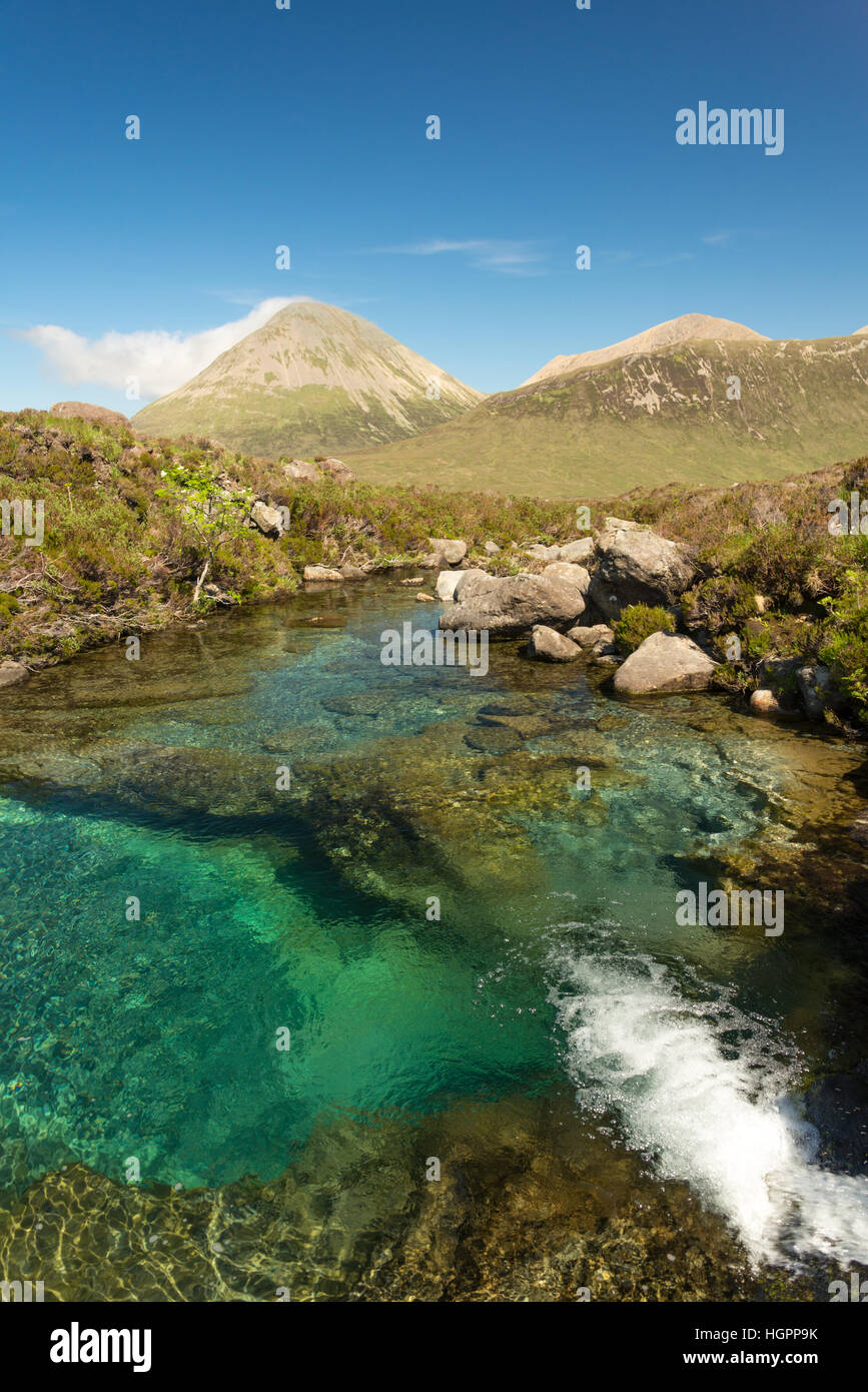 crystal clear water at alt dearg beag river looking towards glamaig on the isle of skye, Sligachan, Scottish highland, Scotland. Stock Photo