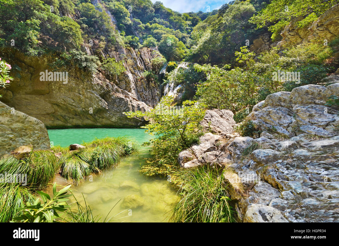Polilimnio waterfalls at Messinia Peloponnese Greece Stock Photo