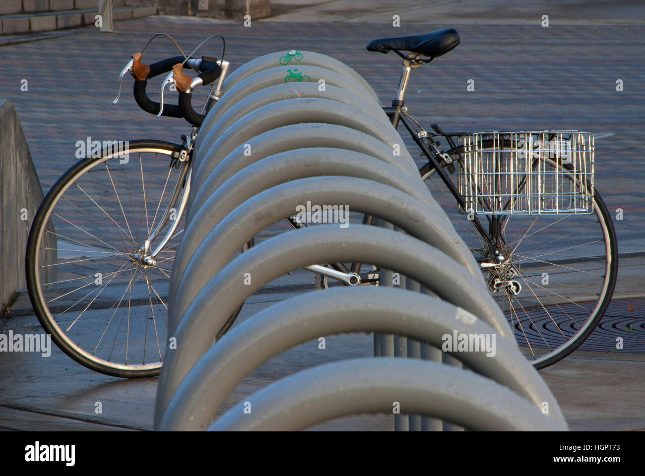 Bicycle in rack, Tom McCall Waterfront Park, Portland, Oregon Stock