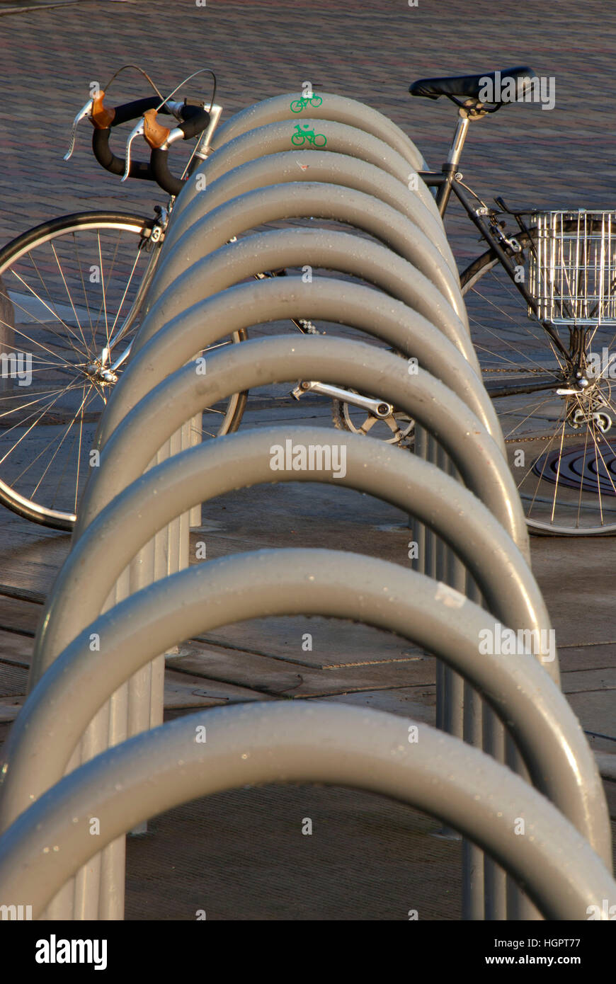 Bicycle in rack, Tom McCall Waterfront Park, Portland, Oregon Stock