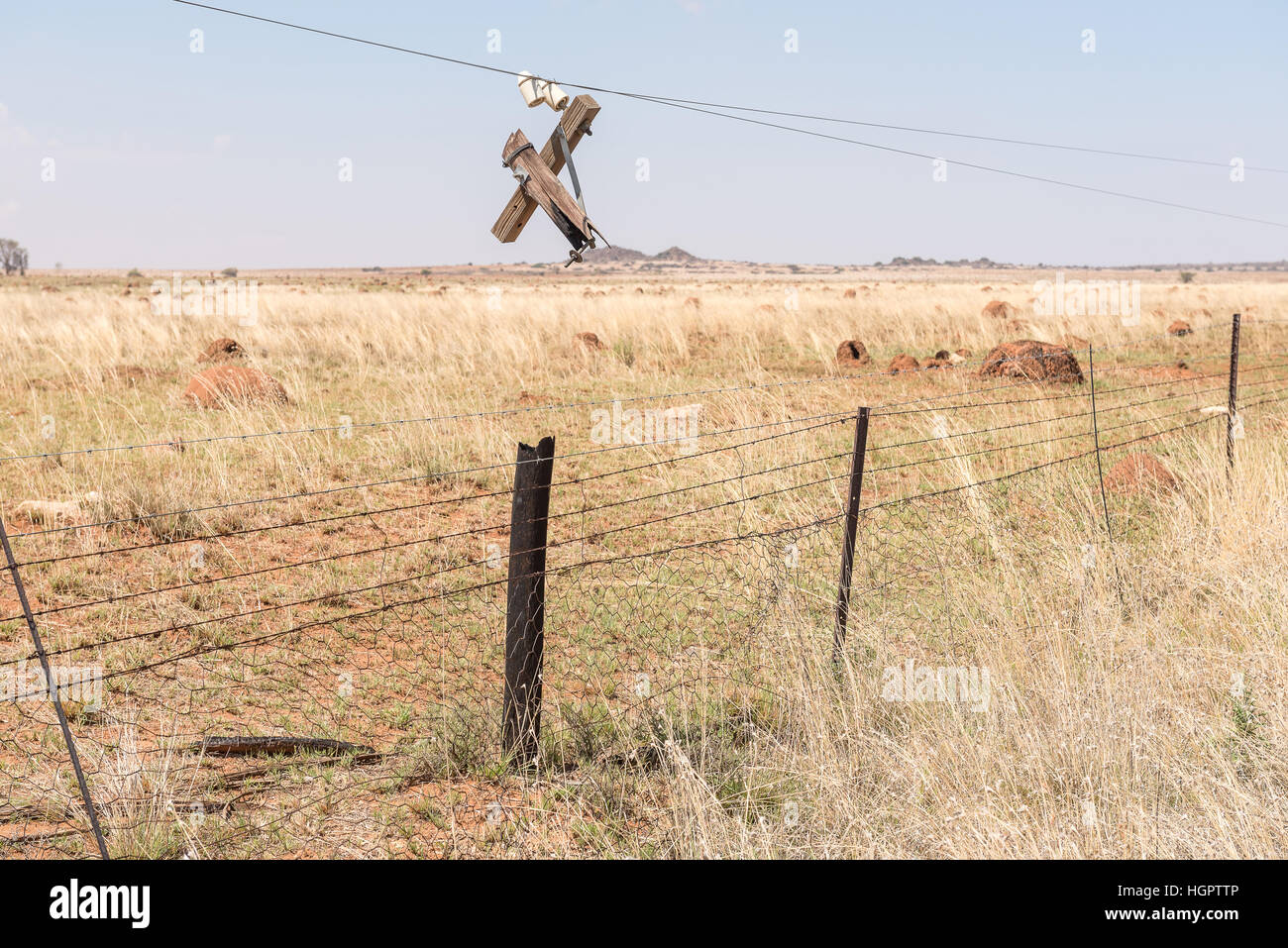 Obsolete telecommunications infrastructure damaged by fire near Petrusburg in the Free State Province of South Africa Stock Photo