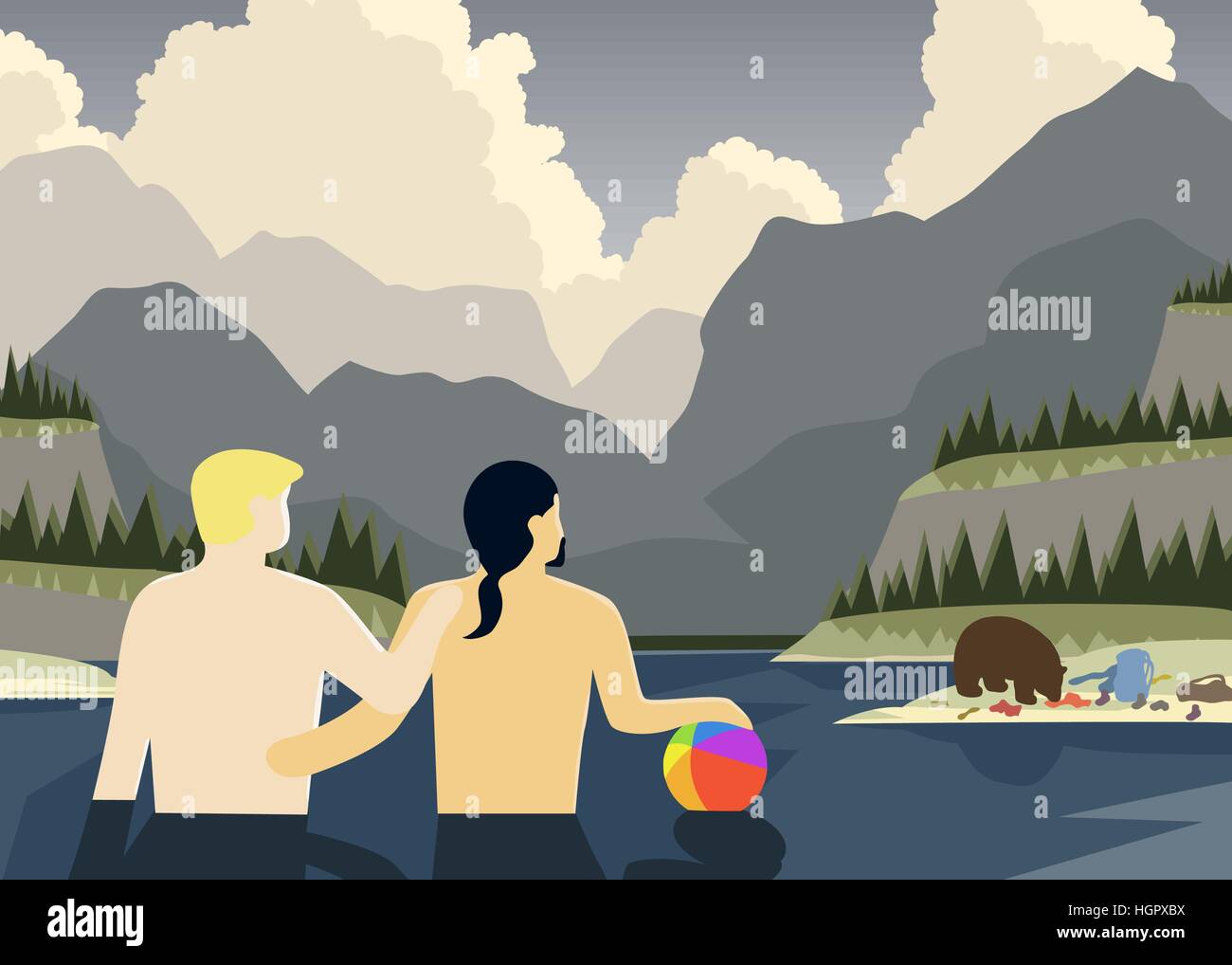 Concept vector illustration of a gay couple never able to totally relax Stock Vector