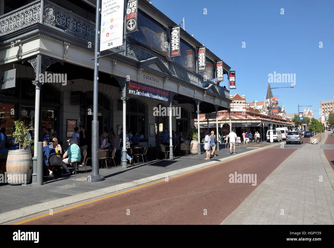 Fremantle,WA,Australia-February 21,2015: Downtown 'cappuccino strip' with tourists and architecture in historic Fremantle, Western Australia. Stock Photo